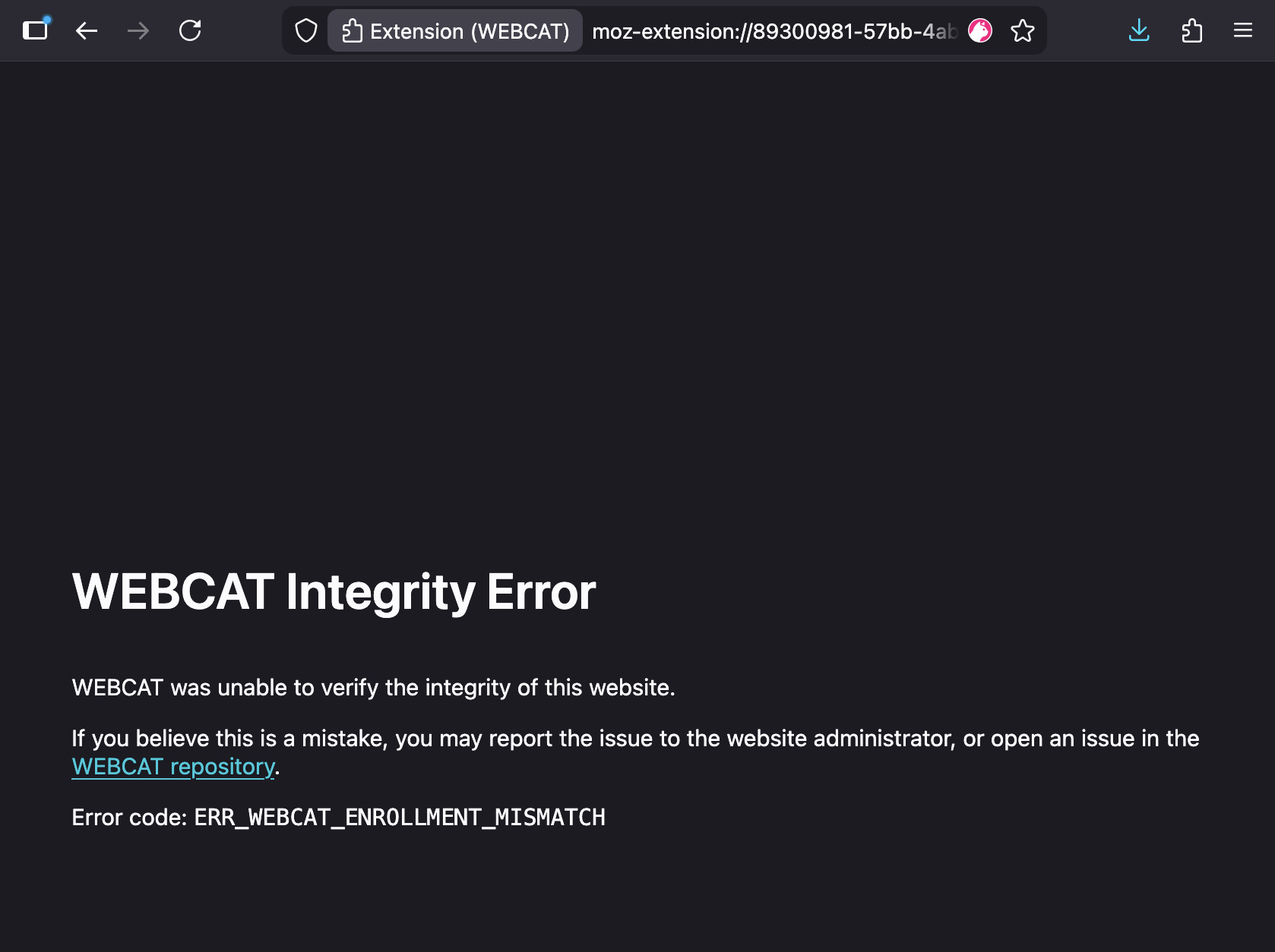 Screenshot of enrollment-error.demo.webcat.tech being blocked.