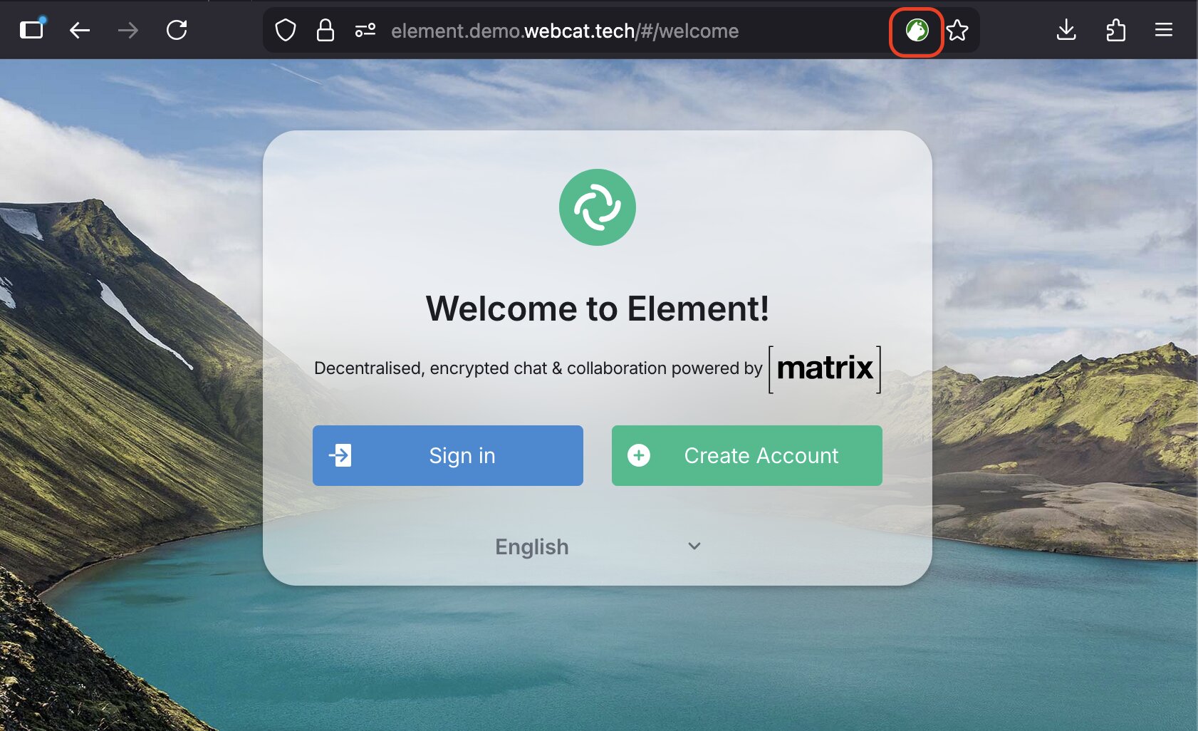 Screenshot of element.demo.webcat.tech with the icon in the url bar highlighted.